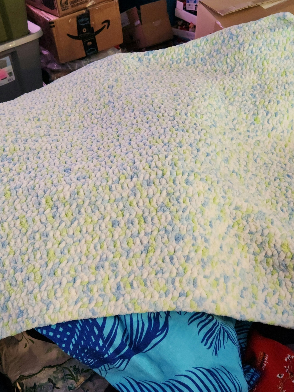 Cozy Chunky Knit Throw Blanket in White, Light Blue & Bright Green